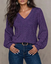 Women's Solid Color V-Neck Ribbed Long Sleeve Casual T-Shirt