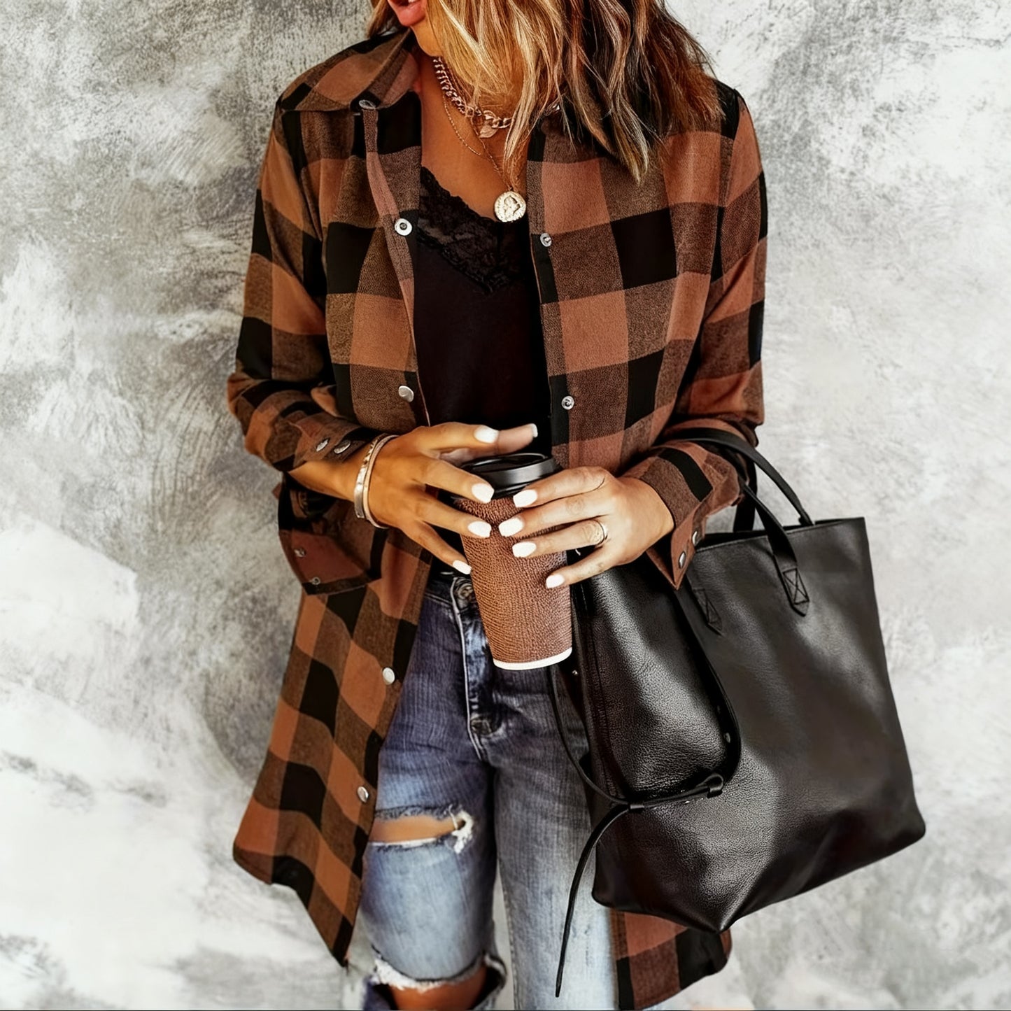 Women's Plaid Button-Down Long Sleeve Shirt Casual Spring/Fall Shirt