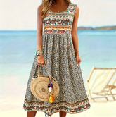 Bohemian Paisley Floral Patchwork Sleeveless Crew Neck Maxi Dress, Vacation Style