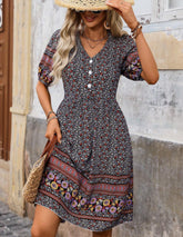 Women Short Puff Sleeve Dress With Floral Print, Button Decoration
