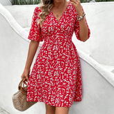 Red Floral V-Neck Floral Print Dress