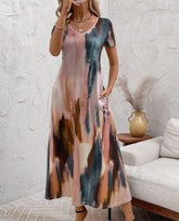 HAOIIF Women's Elegant Abstract Gradient Print Long Knitted Pocket Dress Plus Size