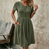 Women's Round-Neck Short-Sleeve Military Green Mid-Length Dress