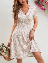 Women's Summer Holiday Floral Printed Overlap V-Neck Short Sleeve Elegant Dress Plus Size