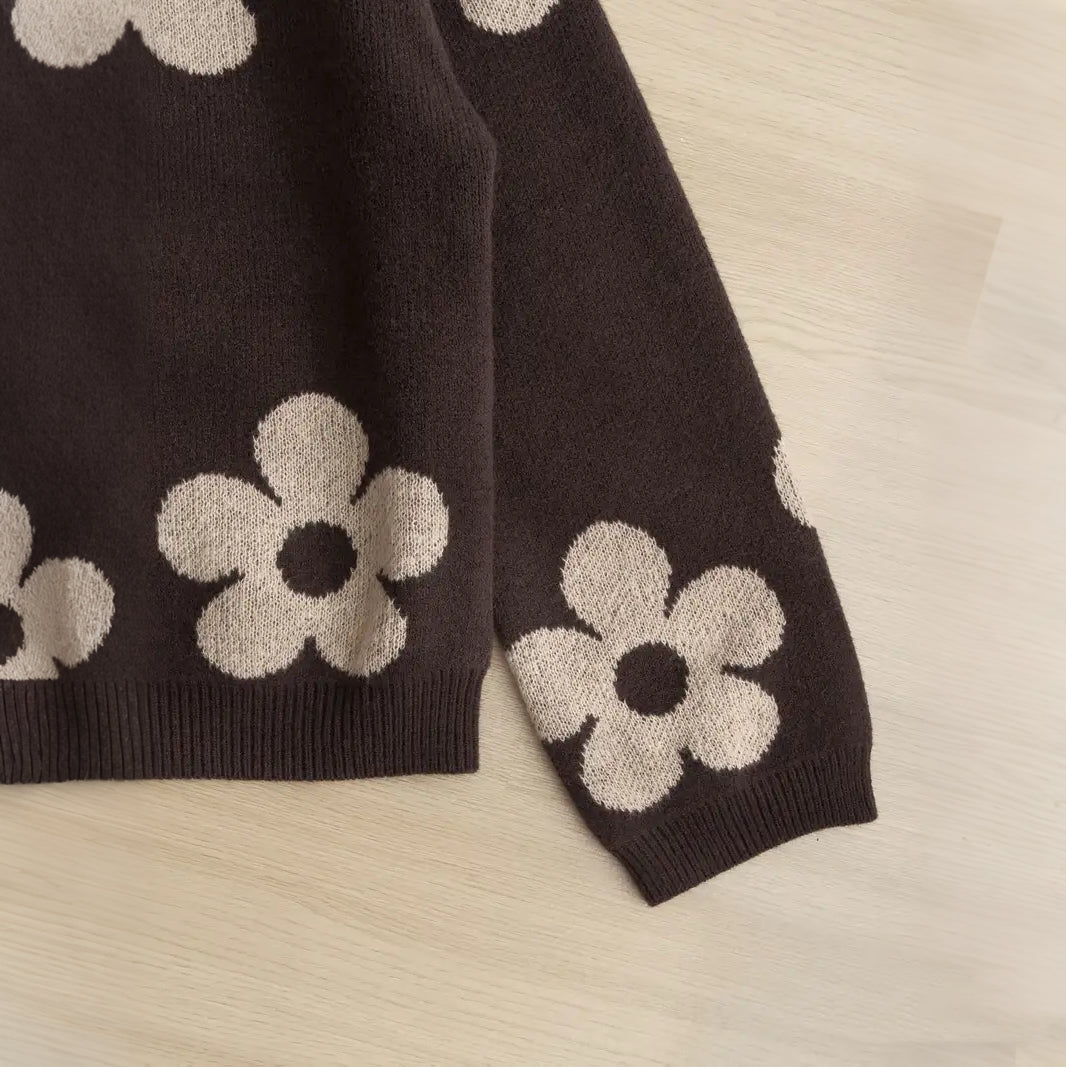 Women'S Elegant Floral Jacquard Sweater Long Sleeve Round Neck