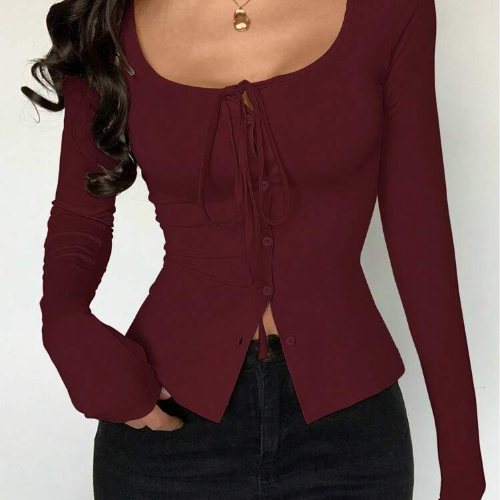Women's Sexy Solid Knitted Elastic Crew Neck Tie Decor Long Sleeve Bodycon T-Shirt, Versatile Daily Wear Fall Cloth For Women