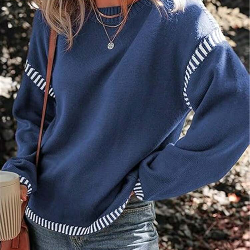 Sweaters For Women Fashion Solid Crewneck Loose Fit Long Sleeve Contrast Cable Knit Pullover Sweater Jumper Top