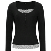 Women Lace Splice Brown Velour Ribbed Crew Neck T-Shirt