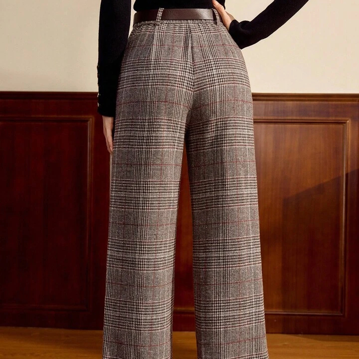 Fitted Plaid Trousers With Belt & Pockets, Coffee Brown Color, Autumn/Winter,Chic Pants For Women