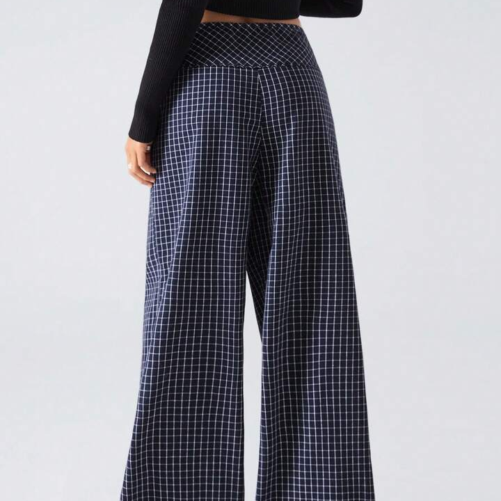 2025 New Arrival Minimalist Fall-Winter Women's Plaid Print Knotted Casual Loose Fit Wide Leg Pants