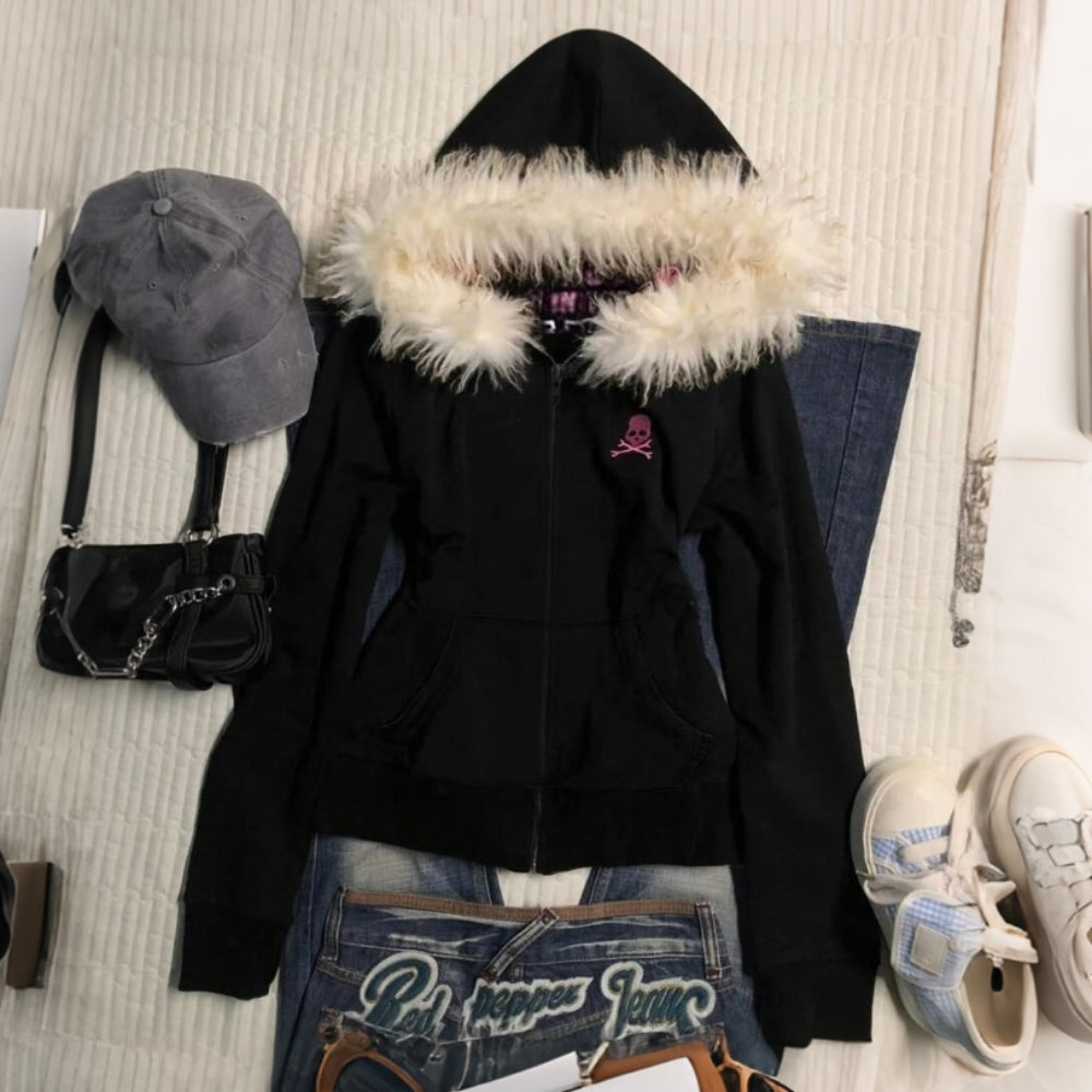 Women's Slim Fit Hooded Sweatshirt Jacket With Faux Fur Collar, Digital Printing