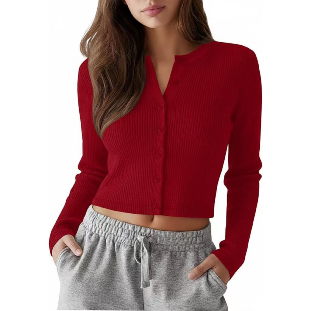 Women's Cropped Cardigans, Cotton Knit Long Sleeve Tops
