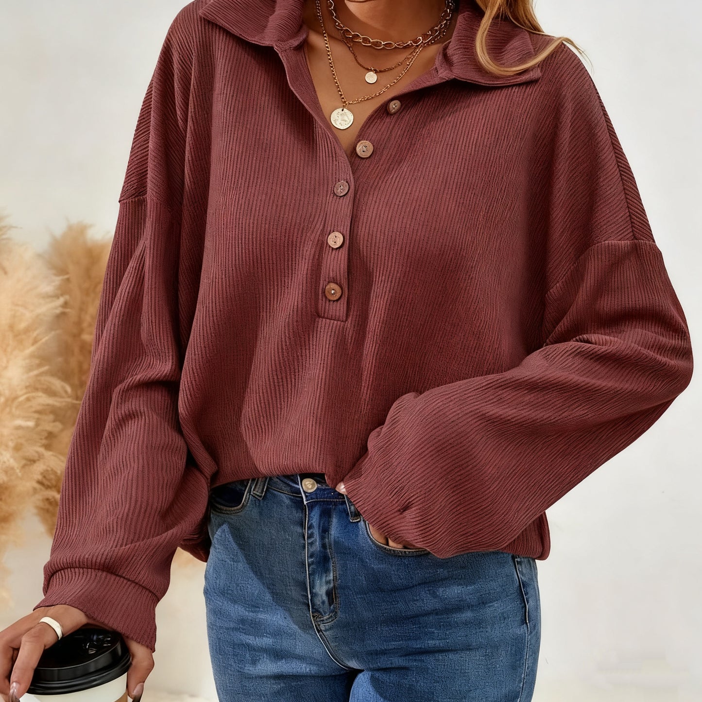 Women's Oversized Half-Zip Sweater T-Shirt - Longline Button-Front Collar Blouse