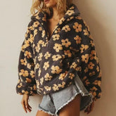 Women's Y2k Floral Half-Zip Sherpa Fleece Pullover (Long Sleeve, Pocket)