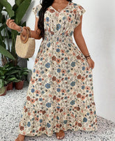 Plus Size Women V-Neck Allover Print Simple Long Casual Dress Bohemian Summer