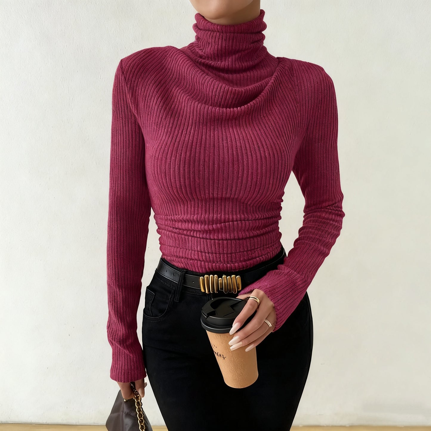 Women'S Vintage Asymmetrical Ruched Long Sleeve T-Shirt