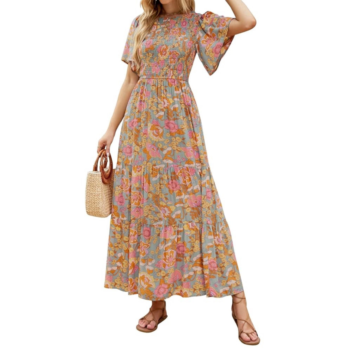 Women's 2025 Summer Casual Floral Print Short Flutter Sleeve Crew Neck Smocked High Waist Flowy Maxi Dress