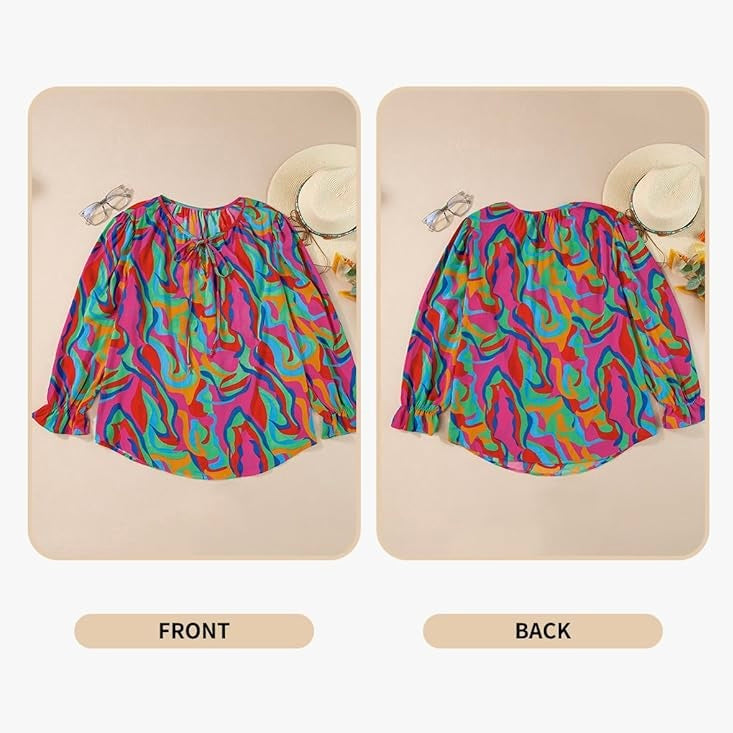 Women's V-Neck Multicolor Long-Sleeve Shirt