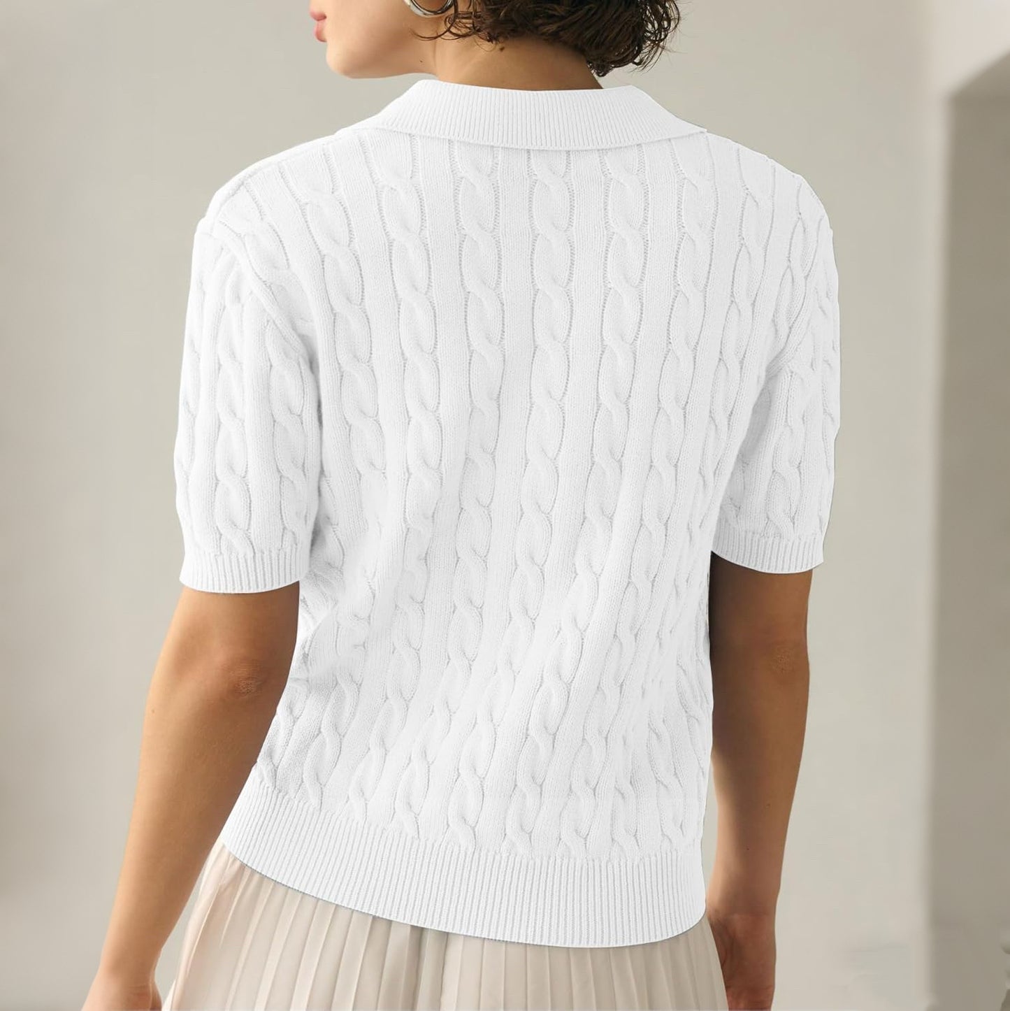 Women's Cable Short Sleeve Sweaters Tops Solid Lapel V Neck Knit Casual Soft Pullover Shirt