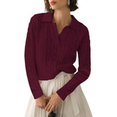 Women's Fall Soft Lapel V-Neck Cable Knit Long-Sleeve Pullover