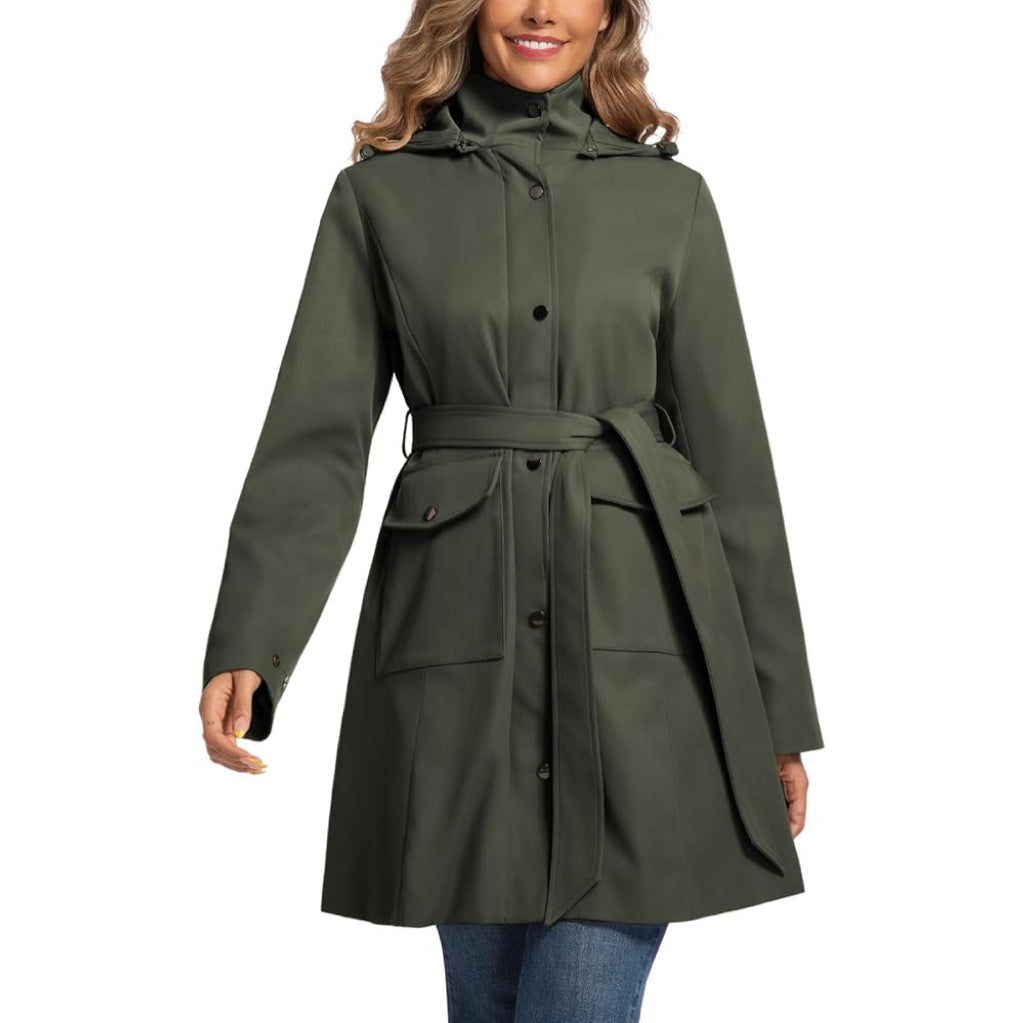 Womens Trench Coat Waterproof Rain Jacket Rain-blocking Brim Detachable Hood Raincoat with Belt Outdoor Travel