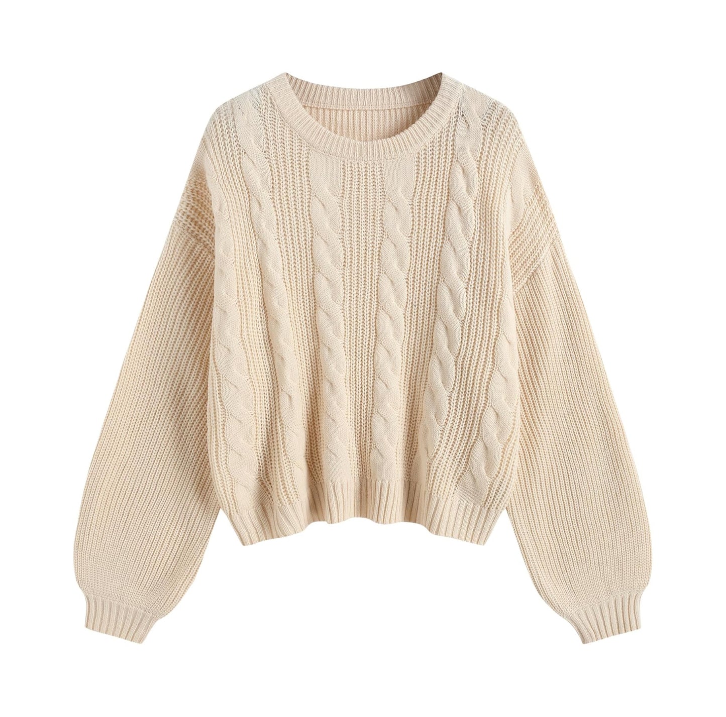 Women's Cropped Lantern Sleeve Cable Knit Pullover