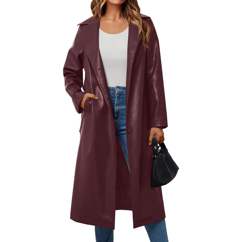 Women’s Long Leather Jackets Trench Coat Blazer Lapel Faux Open Front with Belt