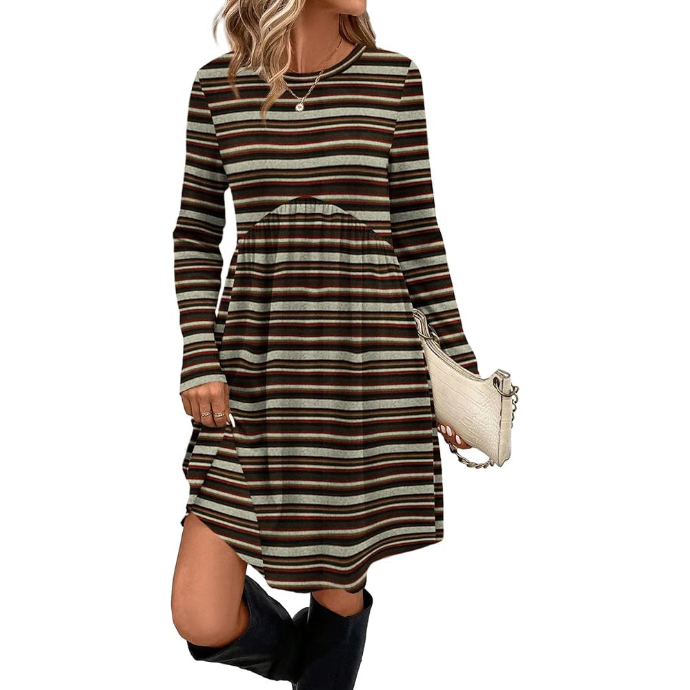 Women's Crew Neck Empire Waist Long Sleeve Tunic Dress with Pockets