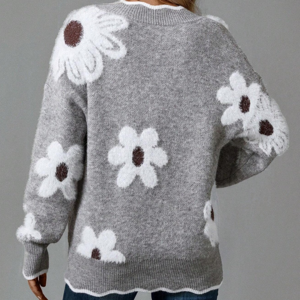 Women's V-Neck Floral   Long Sleeve Sweater