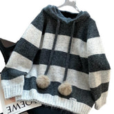 Women's Cozy Striped Hooded Sweater - Long Sleeve, Contrast Trim, Relaxed Fit. Soft Fall/Winter Pullover, Machine Washable.