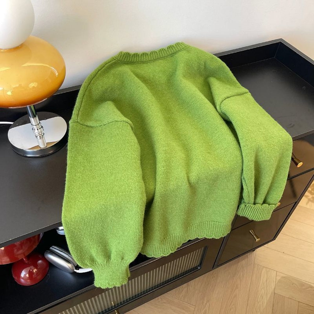 Women's Elegant Emerald Green Floral Sweater Coat - Soft, Ruffled Collar, Loose Fit. Fall/Winter Chic Outerwear, Versatile for Casual & Formal Outfits.