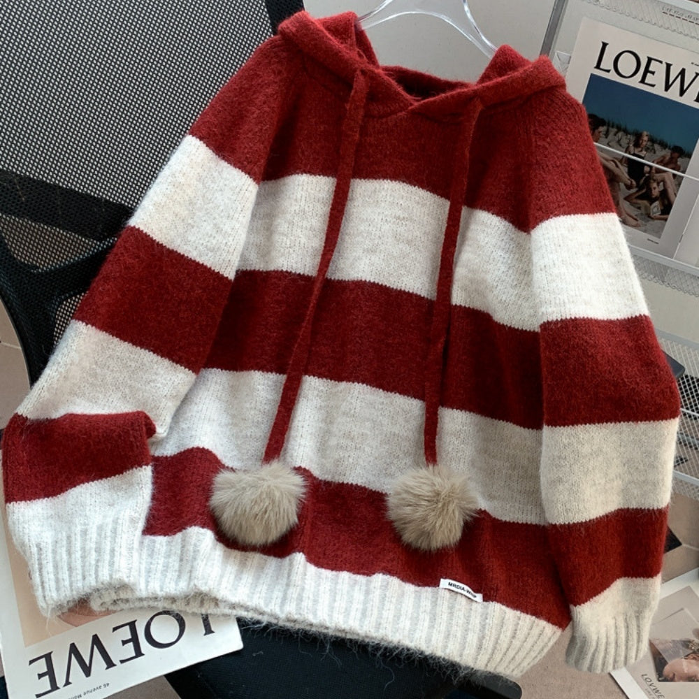 Women's Cozy Striped Hooded Sweater - Long Sleeve, Contrast Trim, Relaxed Fit. Soft Fall/Winter Pullover, Machine Washable.