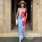 2026 Sexy Wind Slim-fit Printed Tub Top Split Hip Wrap Long Dress