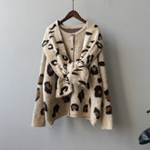 Women's Leopard Bow Collar Cardigan - Cropped H-Line Fall Winter Jacket
