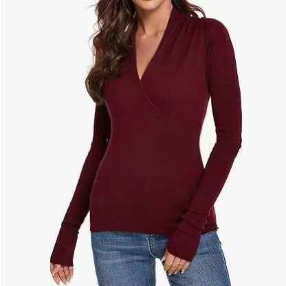 Women Deep V Neck Empire Waist Long Sleeve Knit WrapTop Sweater