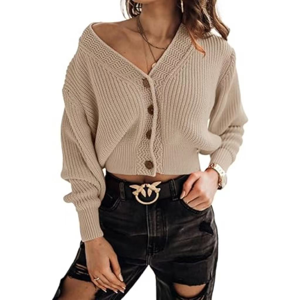 Women's Long Sleeve V-Neck Button Down Rib Knit Cropped Cardigan Sweater