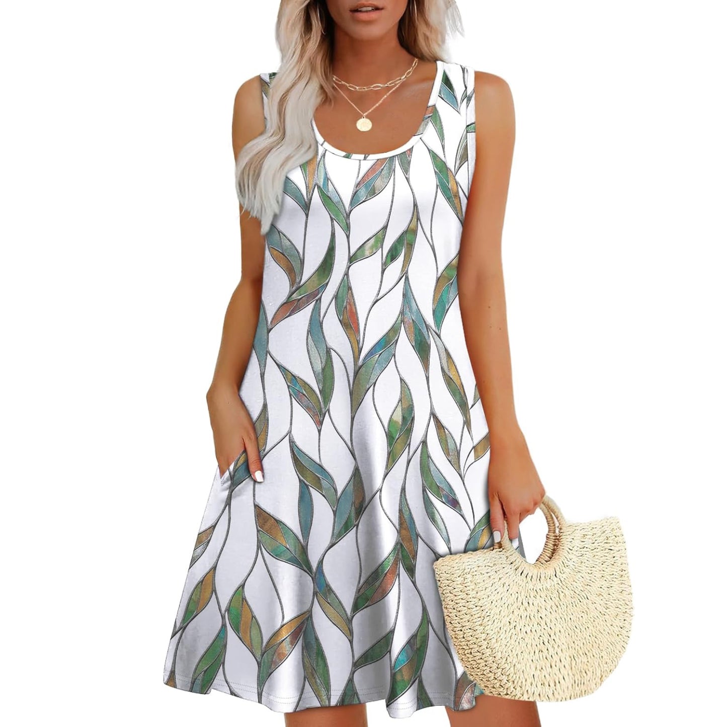 Women‘s Summer Dresses Loose U Neck Sleeveless Sundresses Dress with Pockets