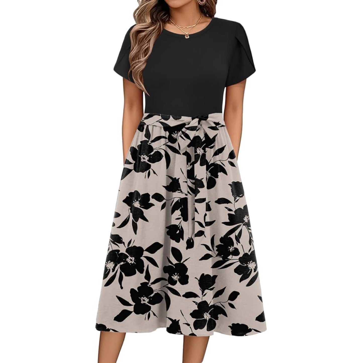 Womens Midi Dress Summer Short Sleeve Dress with Pockets 2025 Casual Floral T-Shirt Dress Flowy Beach Sundress