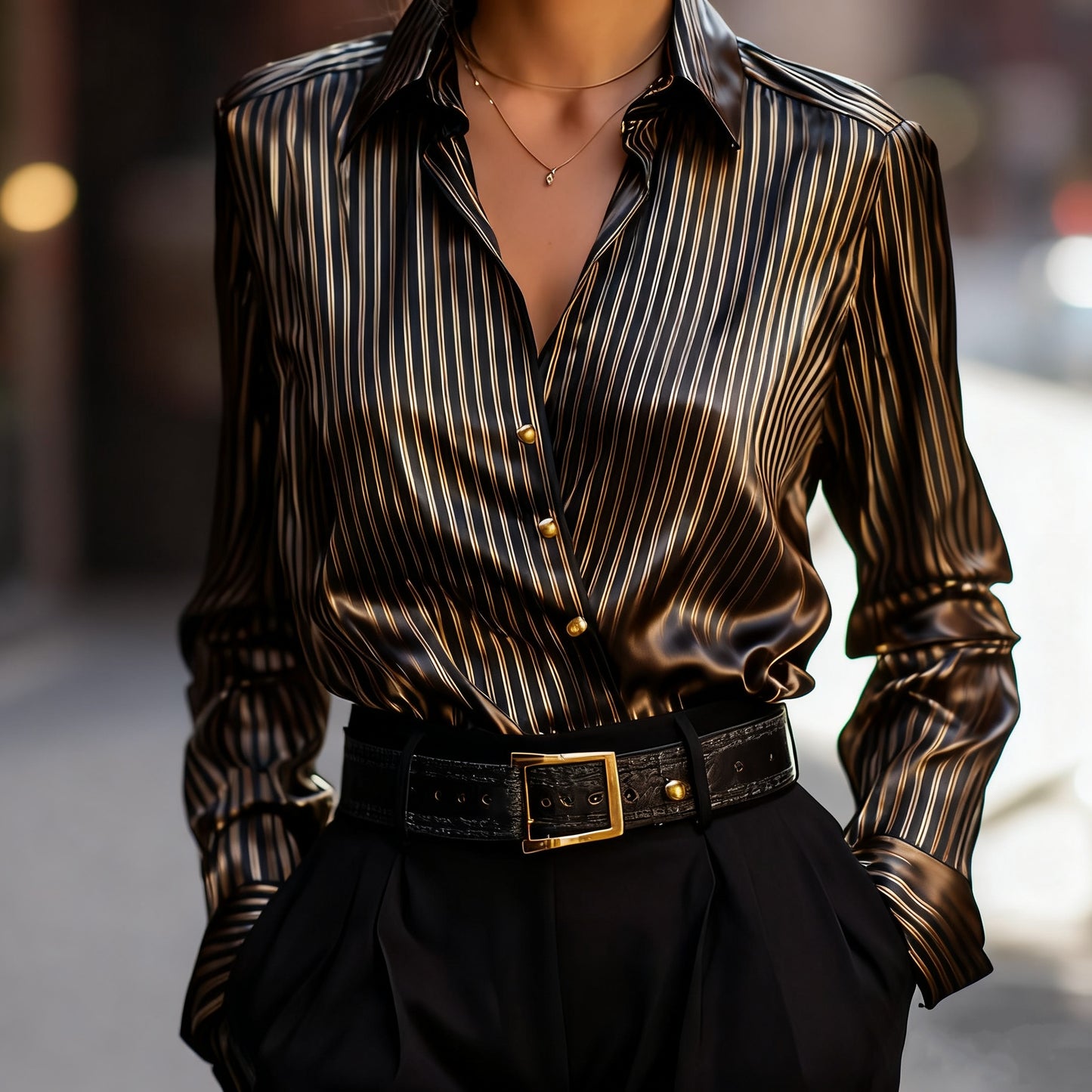 Women'S Stylish Striped Button-Up Shirt Long Sleeve V-Neck