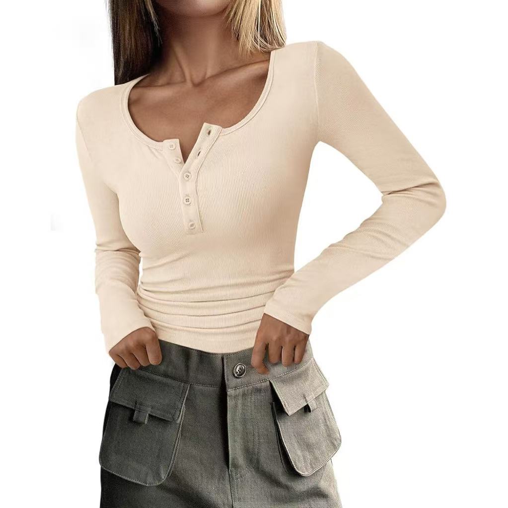 Women's  Long Sleeve  Buttoned Ribbed Knit Slim Top