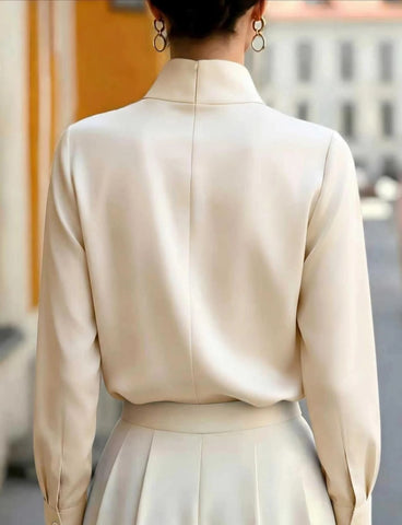 Solid Color Top Smooth Fabric Small Stand Collar Split Placket Cuffed Long Sleeve Drape Blouse