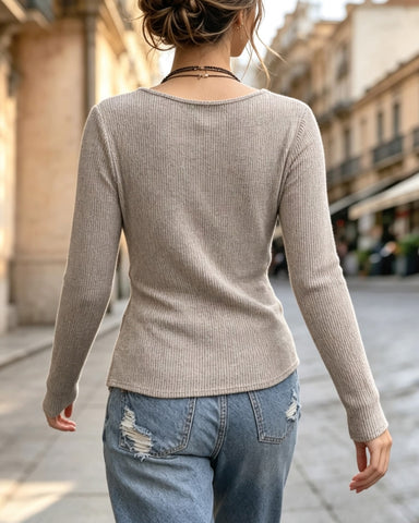 2026 New Fall/ Ribbed Cross-Wrap Asymmetric Hem Long Sleeve T-Shirt