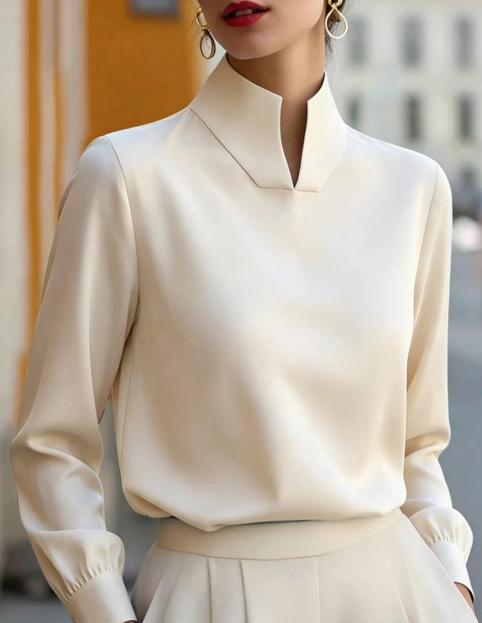 Solid Color Top Smooth Fabric Small Stand Collar Split Placket Cuffed Long Sleeve Drape Blouse
