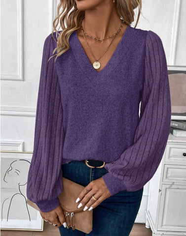 Women's Solid Color V-Neck Ribbed Long Sleeve Casual T-Shirt