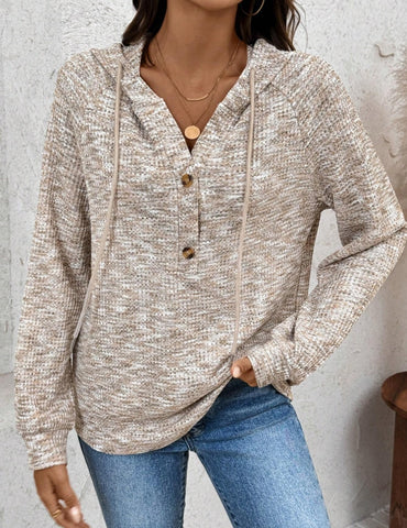 Women's Button Half Placket Hooded Waffle Knit Sweatshirt