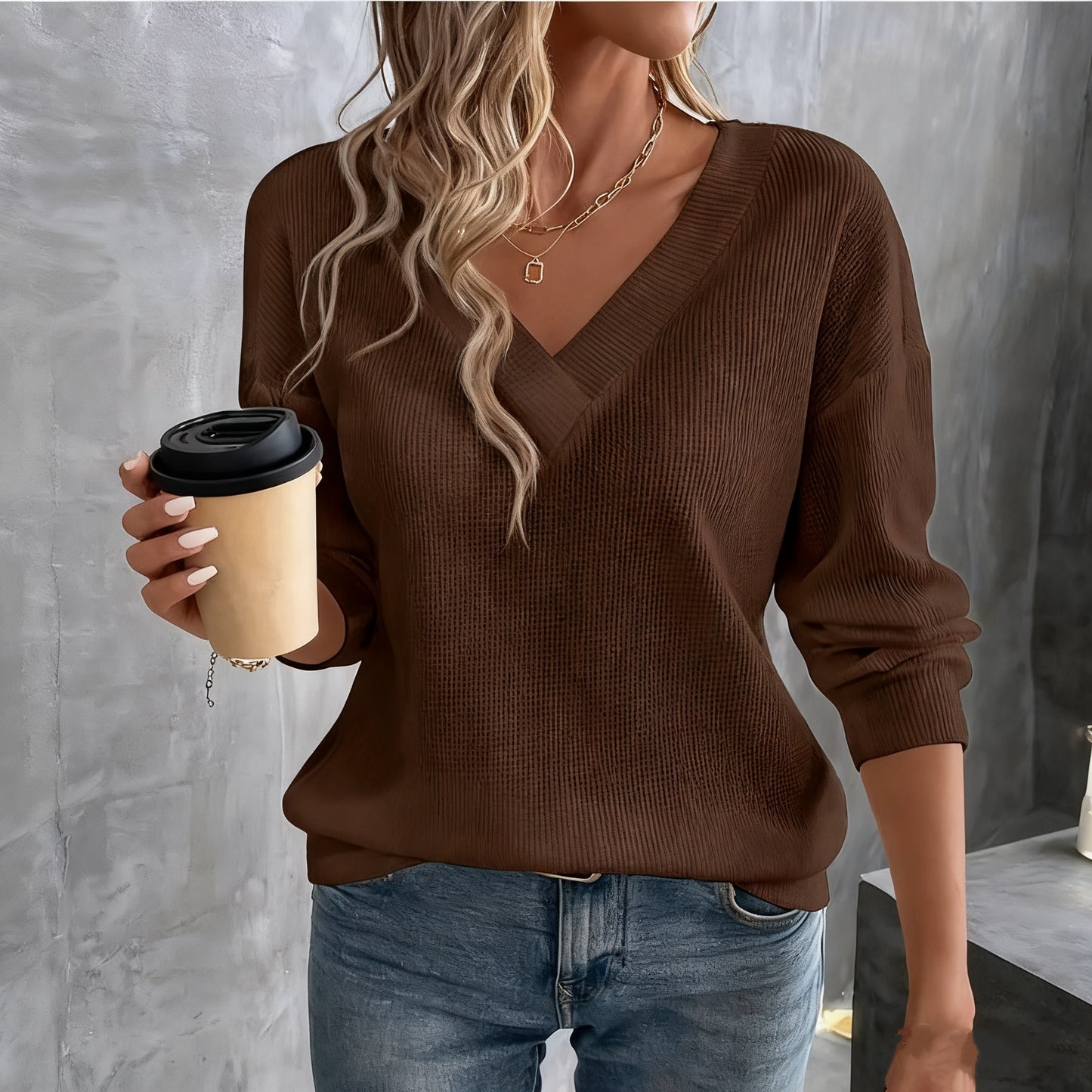 Women's Elegant V-Neck Waffle T-Shirt - Soft Brown Long Sleeve
