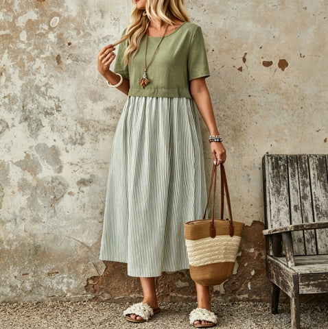 Women's Summer Stripe Round Neck Short Sleeve Casual Mid-Calf Dress