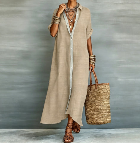 Women's Loose Turndown Collar Short Sleeve Cardigan Dress