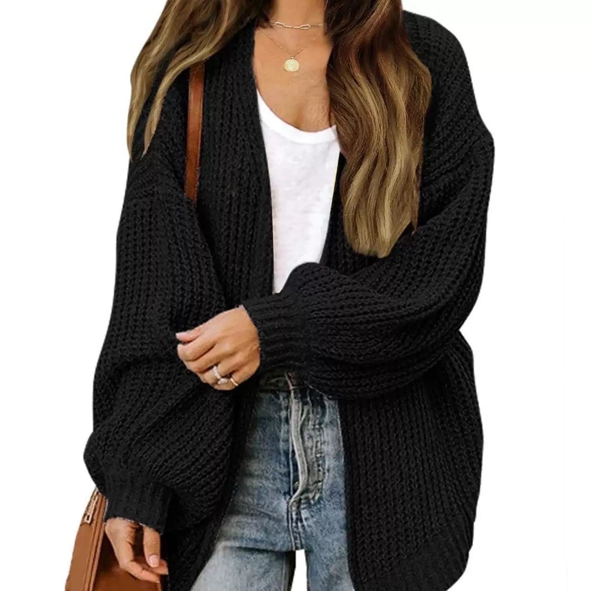 Women's Lantern-Sleeve Cardigan with Pockets – Chunky Knit Sweater