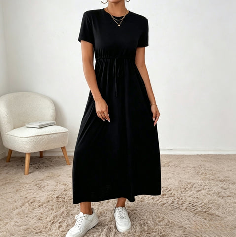 Women Black Drawstring Waist Side Pocket Midi Dress